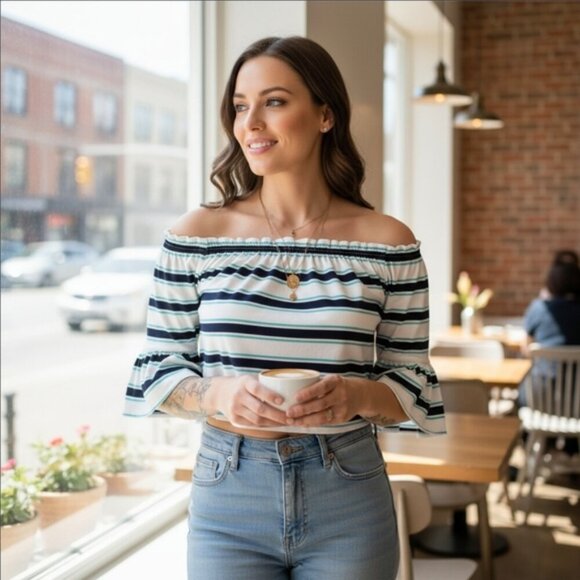 Zara ✦ Striped Off-Shoulder Cropped Blouse ✦ Belle Sleeves Size L EUC - Picture 3 of 7
